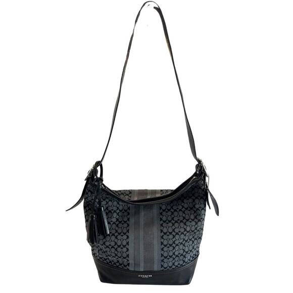 Coach Legacy Stripe Duffle Shoulder Bag Black Gray Signature Canvas Leather Trim - Picture 2 of 12